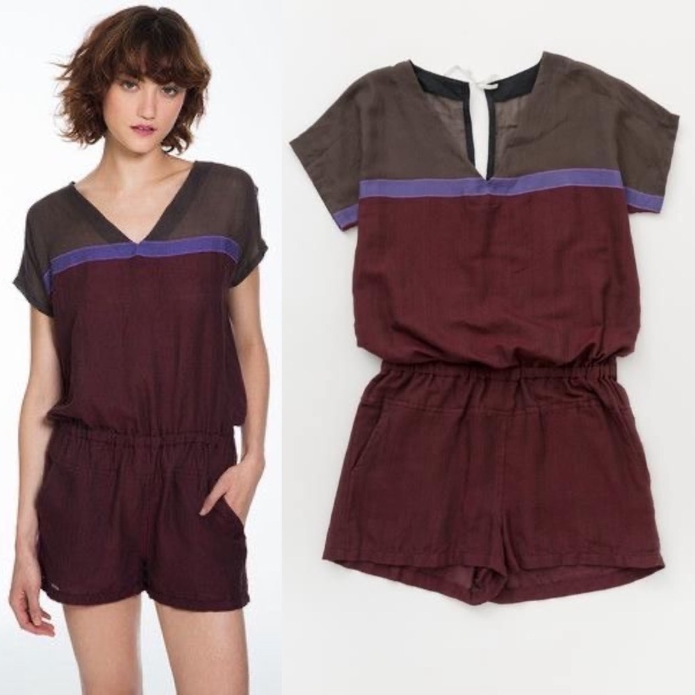 Lemlem Eve Color Block Maroon & Purple Hand-Woven Playsuit Romper - Small